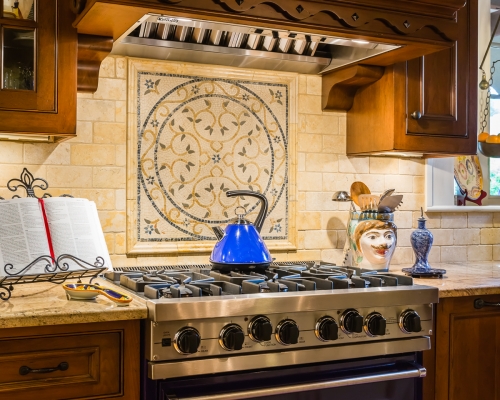 Custom Range Hood and Mosaic Backsplash with Blue Viking Stove Custom Range Hood and Mosaic Backsplash with Blue Viking Stove