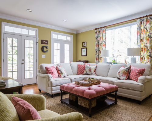 southern living inspired coral chartreuse family room chinoiserie fabric curtains southern living inspired coral chartreuse family room chinoiserie fabric curtains