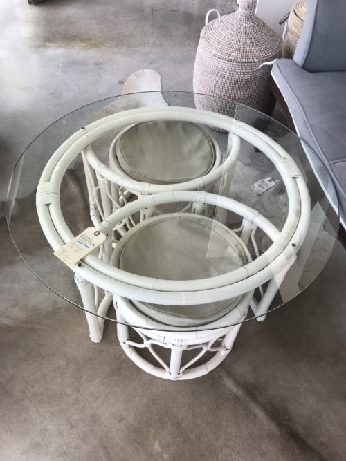 White Rattan and Glass Table with Stools