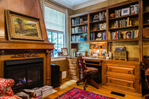 Office Custom Wood Shelving Gold Cork Wallpaper