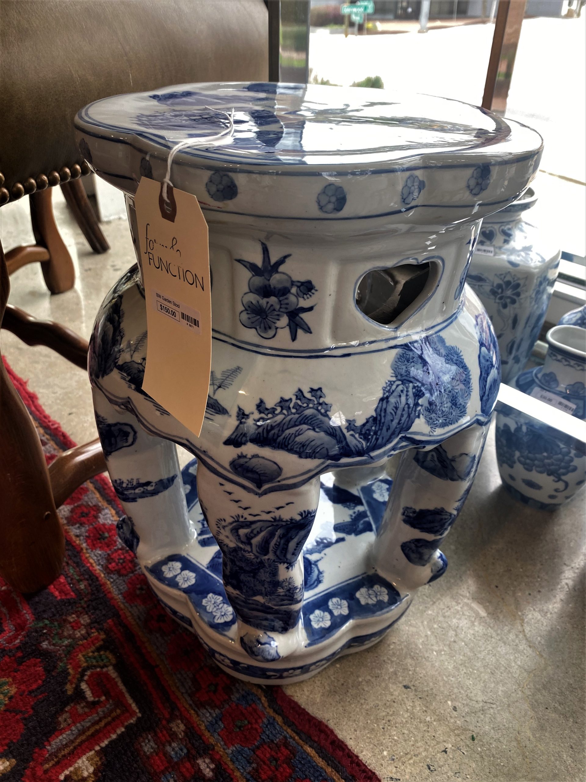 Blue and White Open Garden Stool - Form & Function - Asheville NC