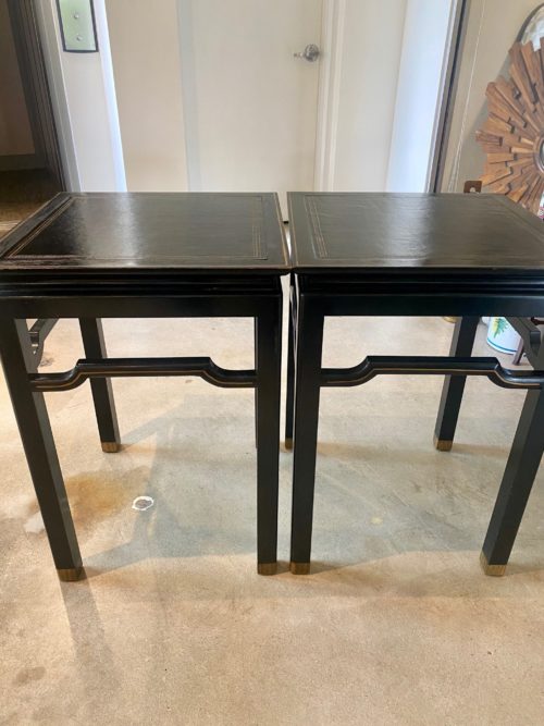 Black Asian Chinoiserie Table Greek Key Leather Top