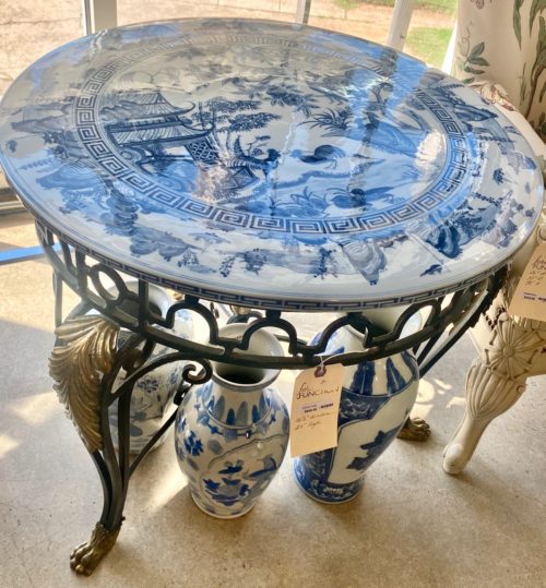 Blue And White Asian Porcelain Top Iron Gilded Leg Table
