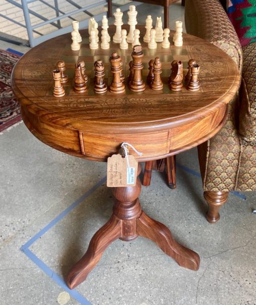 Brass Inlay Round Game Chess Table