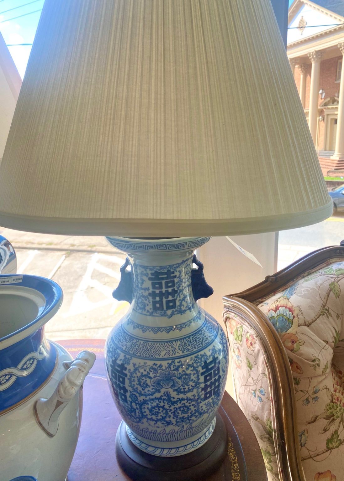 Blue White Asian Handled Table Lamp - Form & Function - Asheville NC