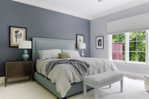 Blue Grey Master Bedroom Upholstered Bench