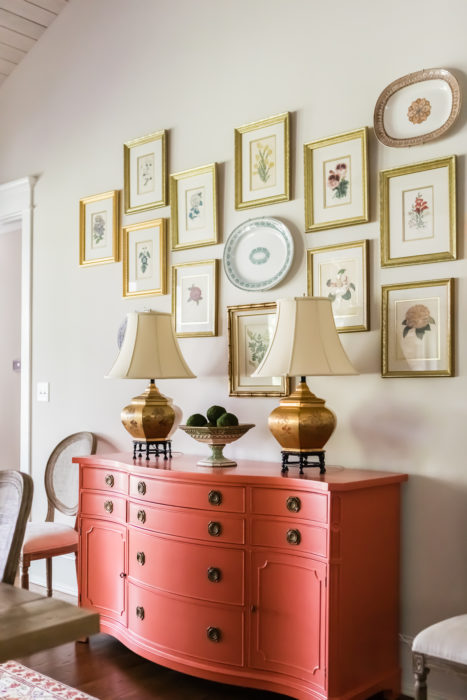 Coral Lacquer Sideboard Botanical Art Gallery Wall