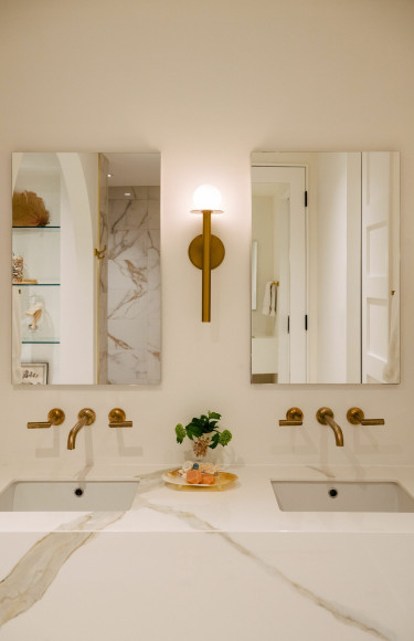 Primary Bathroom Calacatta Gold Porcelain Integrated Sink