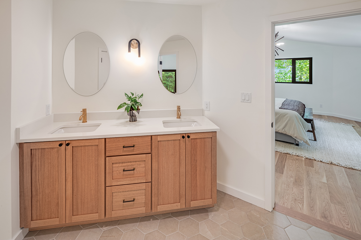 Double Sink White Oak Vanity Black Fixtures