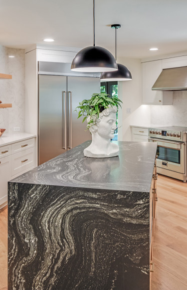 Modern Warm Kitchen Black Waterfall Island