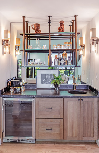 Wet Bar Black Shelving White Oak Cabinet